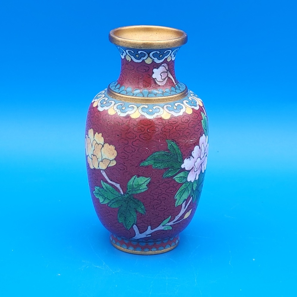 Vintage Chinese Cloisonne Enamel Miniature Vase Red Floral Peony Bud Vase 4 inch